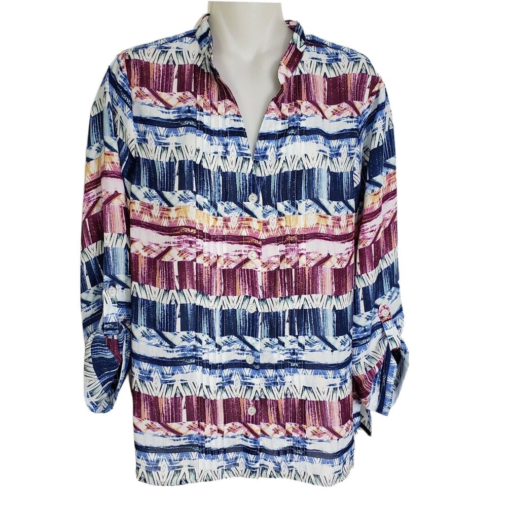 Alfred Dunner Women's Blouse Size 8 Button Down V-Neck Pleated 3/4 Tab Sleeve